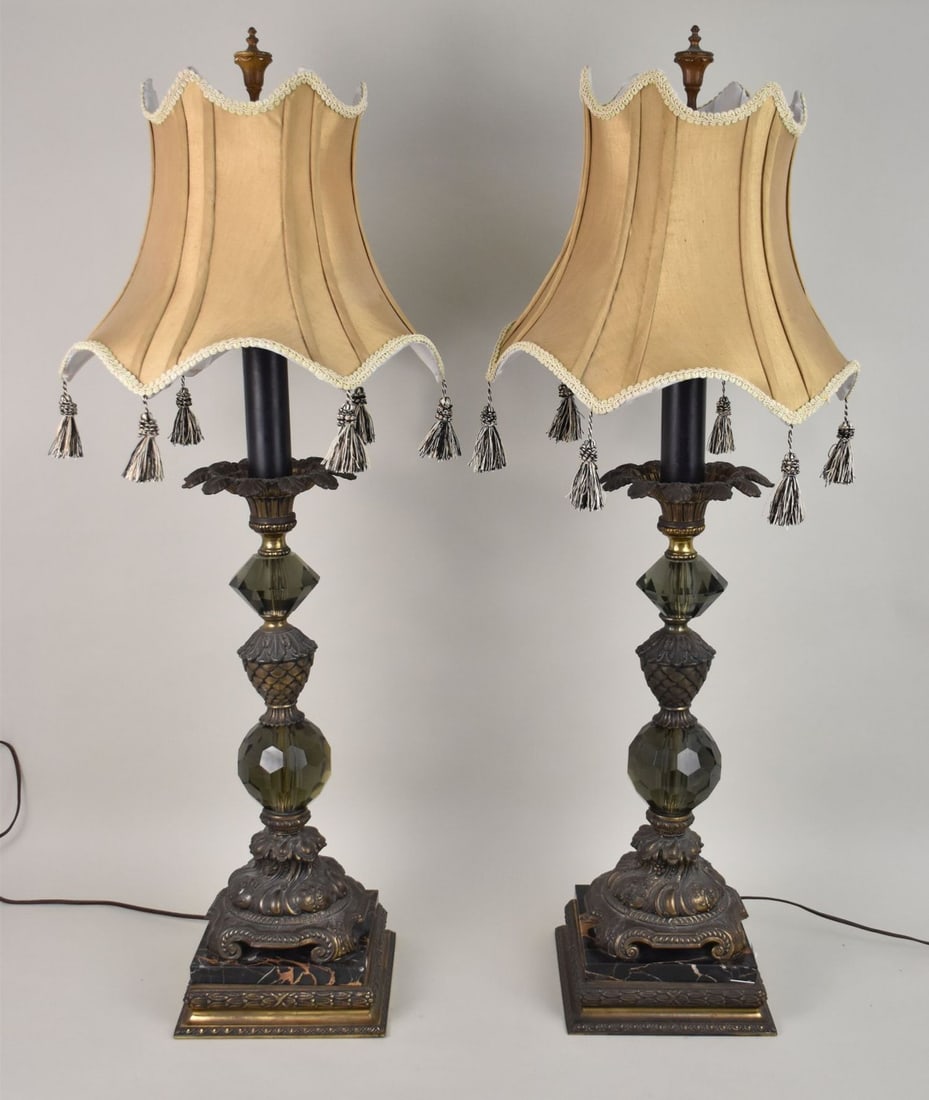 Pair Vintage Polished Colored Glass and Gilt Metal Lamps on Marble with Stepped Bases, 39"h: Pair Vintage Polished Colored Glass and Gilt Metal Lamps on Marble with Stepped Bases, 39"h