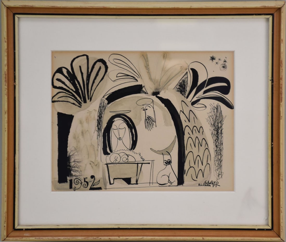 Vincente Clavo (Madrid 1923) Bird Nativity Drawing, dated 1952. sight 7 x8-1/2 inches, overall (1 of 5)