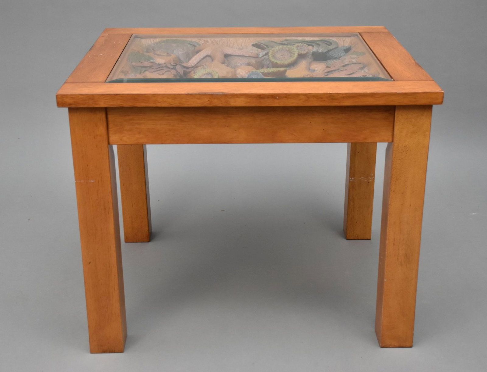Vintage Side Table, Big Sky Carvers, Framed Table, Stuart Bond Carver Depicting Painted Ocean Floor (1 of 7)