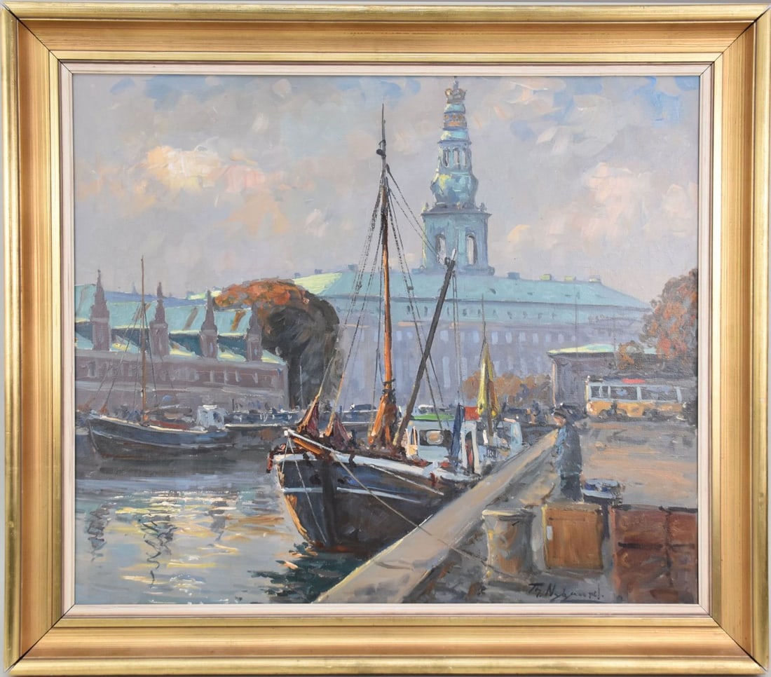 Thorvald Nygaard (Denmark 1892-1973),oil on canvas, Sailboat at Dock, 20 x 24 inches. overall framed (1 of 7)