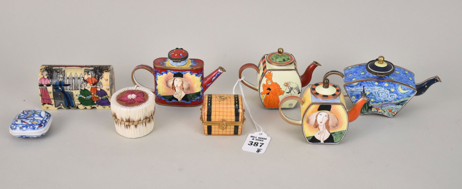 Group of 8 Small Boxes & Novelties of Enamel, Porcelain, Quill & Bone- Group of small boxes and: Group of 8 Small Boxes & Novelties of Enamel, Porcelain, Quill & Bone- Group of small boxes and objects including: 3 Kelvin Chen enameled teapots (Modigliani and Van Gogh Starry Night, approx. 3" h), 