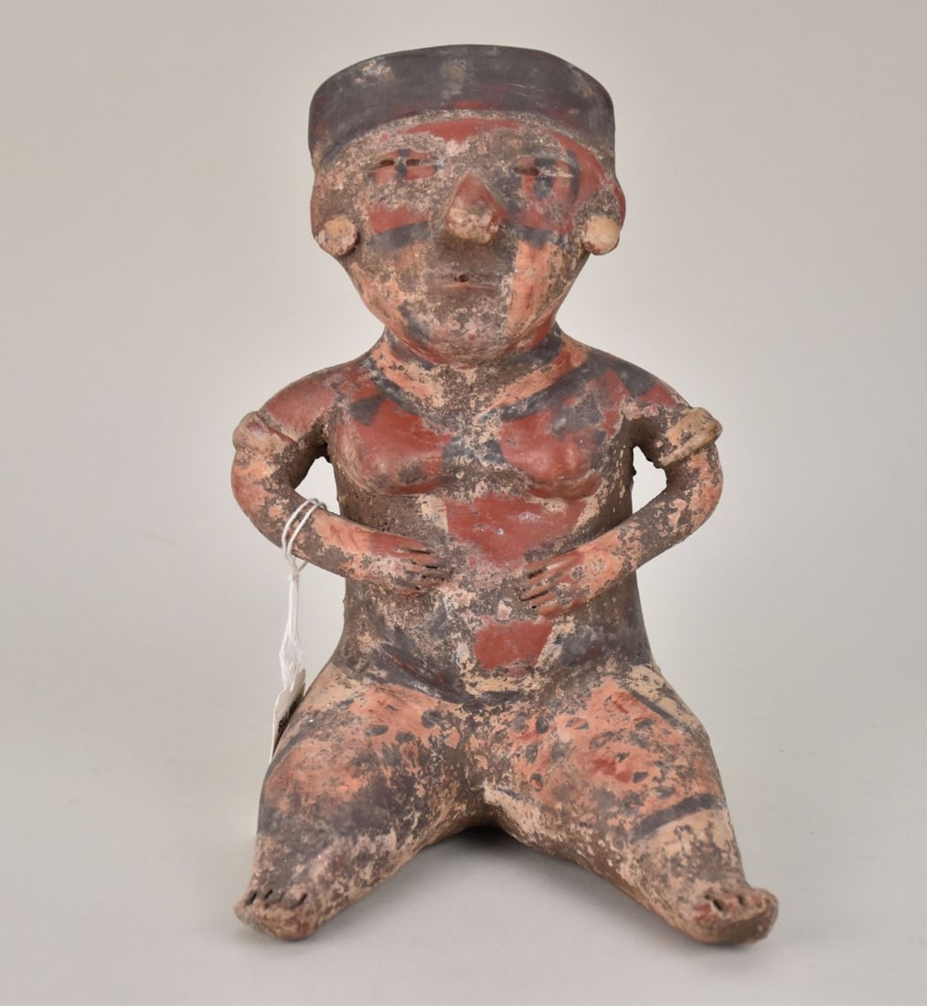 Pre-Columbia Pottery Seated Female Figure - a polychrome pottery figure depicting a tattooed seated (1 of 6)
