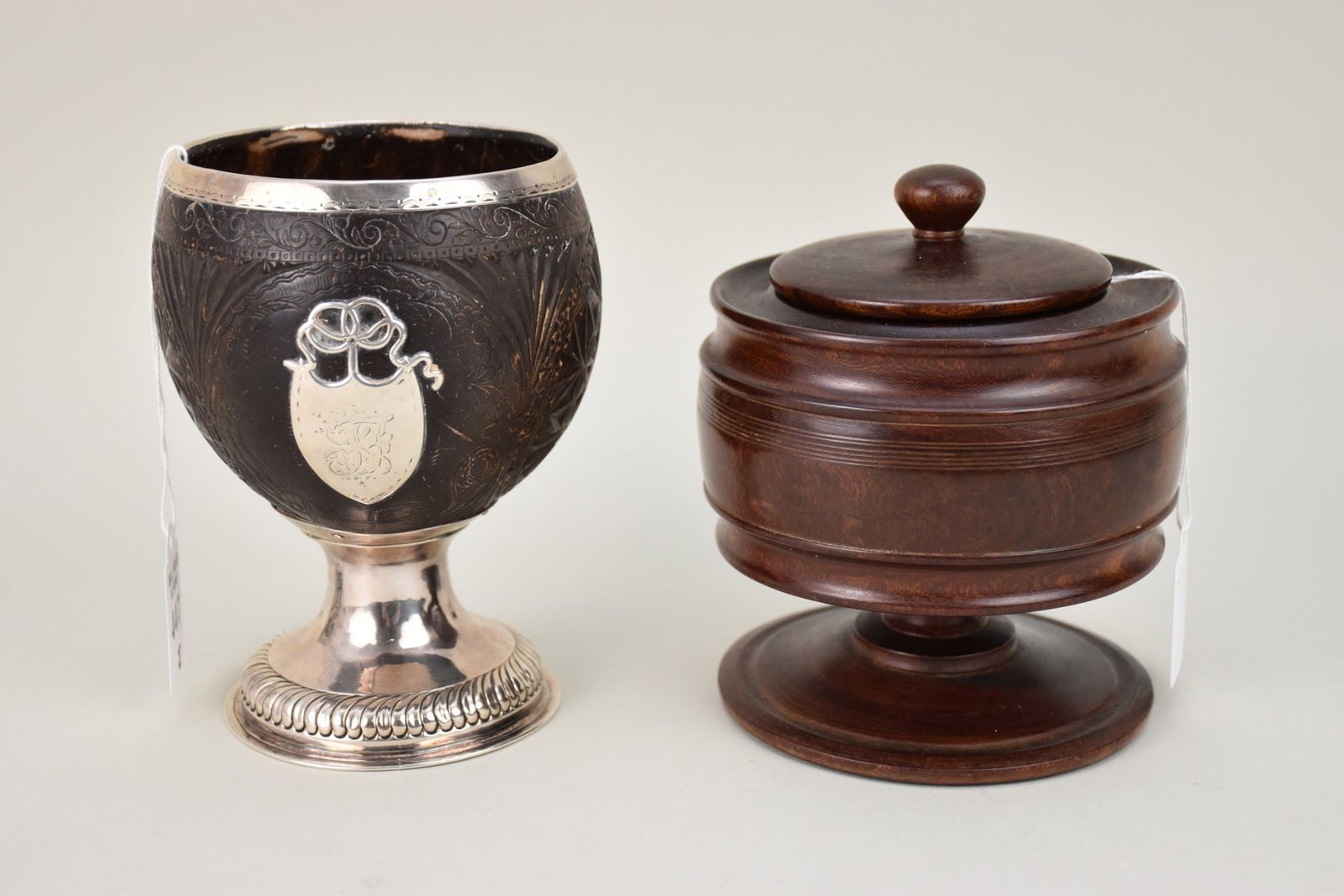 Antique, Mid 19th c. Silver-Mounted, Sailor Carved Coconut Goblet, Colonial (1 of 9)