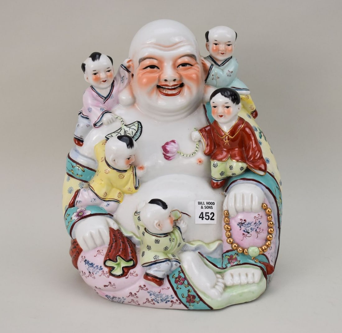 Chinese Porcelain Happy Buddha with Children - A polychrome decorated porcelain figure of a Laughing (1 of 7)