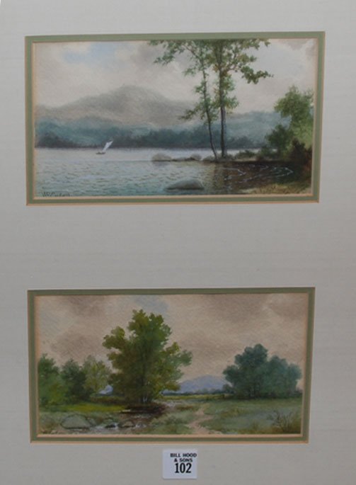 Pr. (Two) William Raymond Eaton (AMERICAN, 1848-19: Pr. (Two) William Raymond Eaton (AMERICAN, 1848-1922) Watercolors framed together, Lake scene and river landscape, both approx. 5"x8"each both signed lower left
