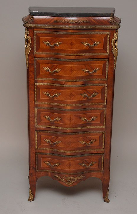 French, Louis XV lingerie chest, serpentine chest: French, Louis XV lingerie chest, serpentine chest with ormolu mounts, 6 drawers, marble top (some veneer missing)