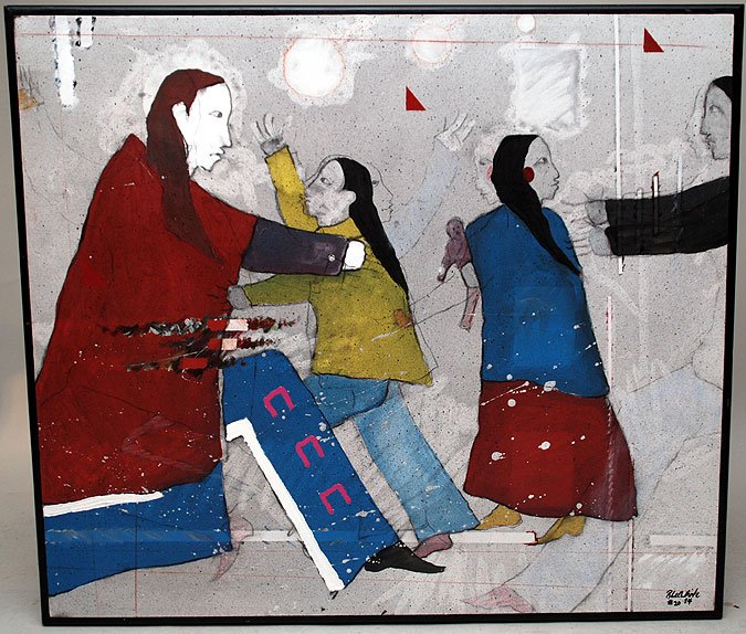 RANDY LEE WHITE, American Indian born 1951, “India: RANDY LEE WHITE, American Indian born 1951, “Indian Families”, oil on canvas 42” x 48”, signed lower right and dated “84 and with artist’s inventory mark “#20”, framed.Davenport Art Re