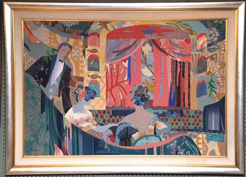 ANTONIO CODINA SEREIX, Spanish 1931-2009, “At The : ANTONIO CODINA SEREIX, Spanish 1931-2009, “At The Theatre”, a large oil on canvas35” x 50”, signed lower left and signed and titled verso, with original frame. A rare Spanish artist with last 