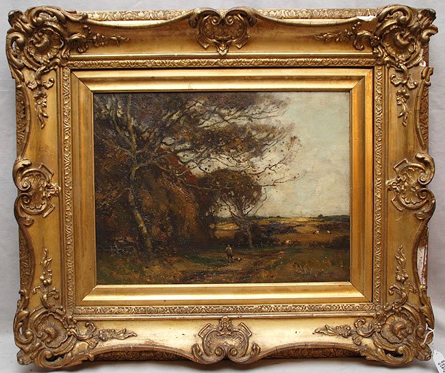 19th Century European School, oil on canvas, signe: 19th Century European School, oil on canvas, signed illegibly, Landscape man with dog on path cows grazing in the background, 13-3/4" x 18"