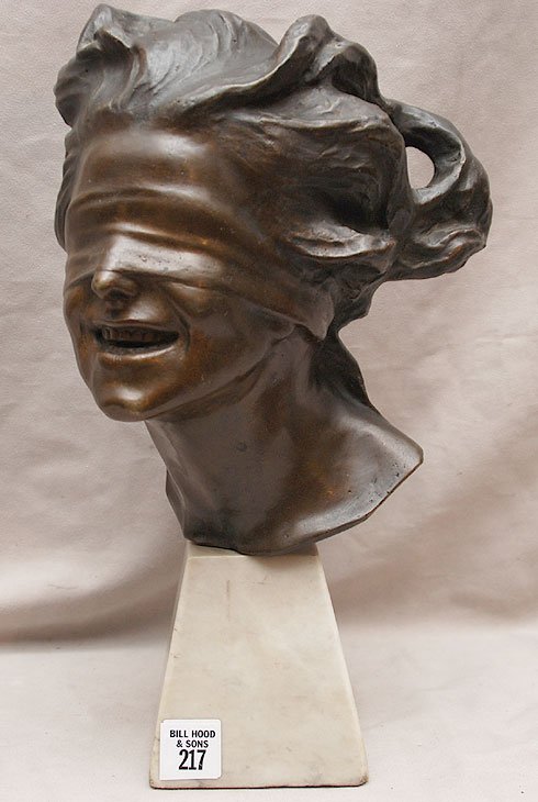 Vincenzo Aurisicchio (ITALIAN, 1855-1926) Bronze h: Vincenzo Aurisicchio (ITALIAN, 1855-1926) Bronze head with blindfold, "La Fortuna", 10"high x 8"wide, on 4"marble base" Height 10.2 in. / Height 26 cm.Signed
