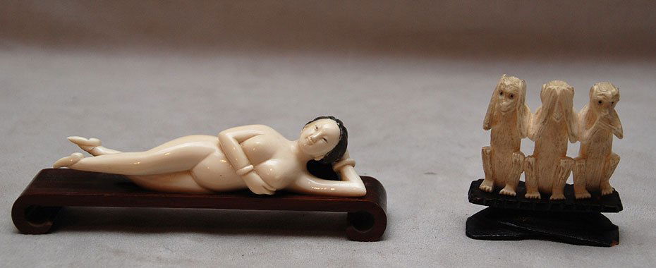 Small ivory doctor doll (5"L) and ivory carving of: Small ivory doctor doll (5"L) and ivory carving of 3 monkeys, 2"h