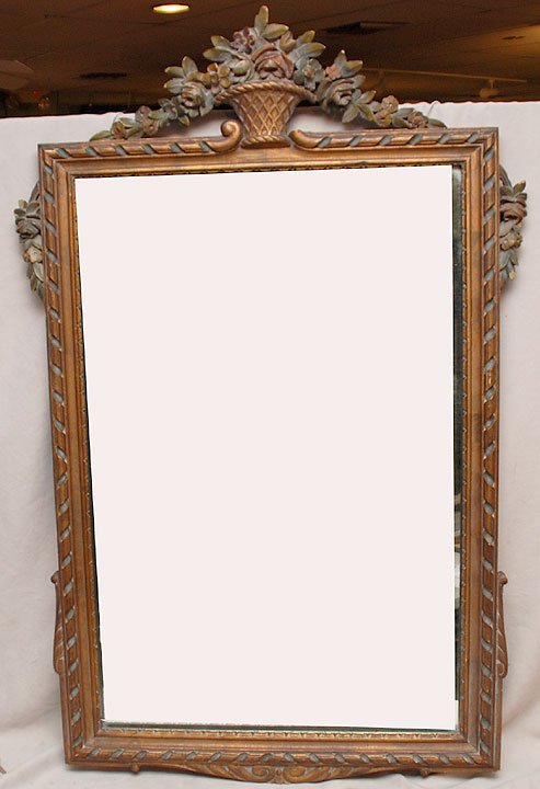 Antique mirror in carved gilt wood frame, 39"h x 2: Antique mirror in carved gilt wood frame, 39"h x 24"w