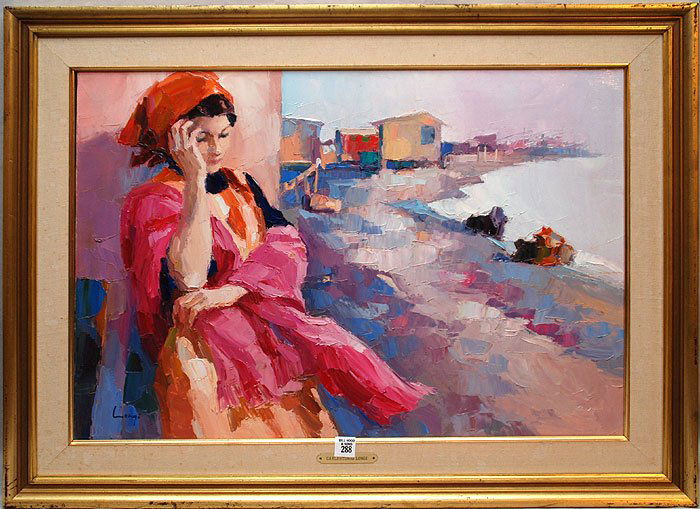 Carl Antonio Longi (Italian 1921 - 1980) oil on c: Carl Antonio Longi (Italian 1921 - 1980) oil on canvas, Girl leaning on wall coastline in background, approx. 19"x 27"