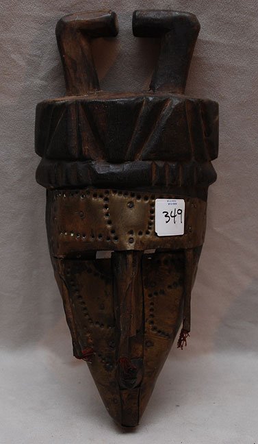 African elongated mask with brass face, 13"h: African elongated mask with brass face, 13"h