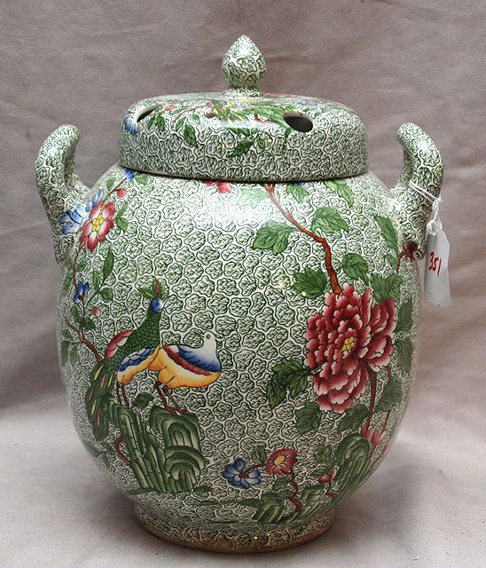 Copeland Spode potpourri jar, early 20th c, twin h: Copeland Spode potpourri jar, early 20th c, twin handles, pierced lid, green peacock, 10 1/2"h