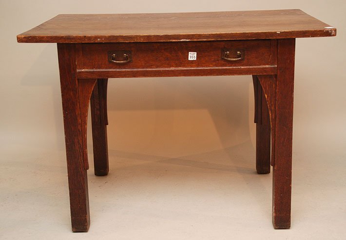 Oak single drawer desk, old Stickley label (top ne: Oak single drawer desk, old Stickley label (top needs securing)