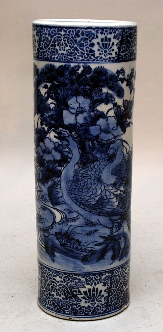 Blue & white umbrella stand, 24"h x 8 1/2"dia: Blue & white umbrella stand, 24"h x 8 1/2"dia