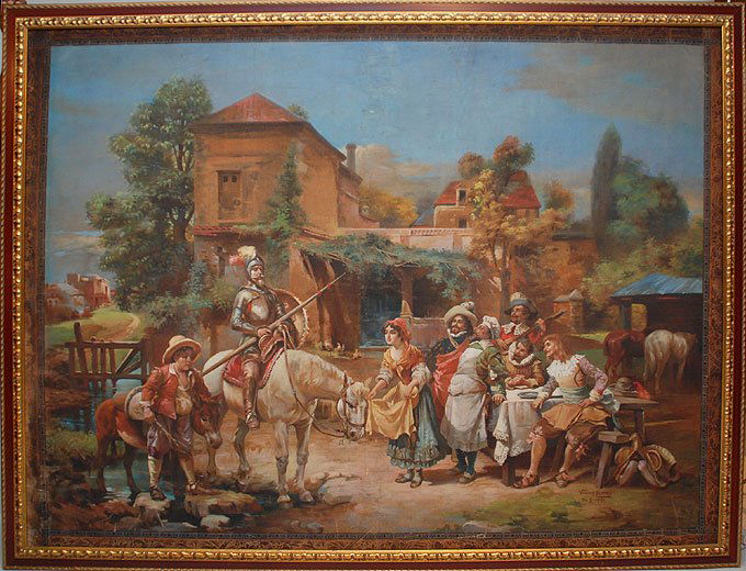 Virginio Colombo , very large oil Don Quixote: Virginio Colombo, Early 20th Century very large oil on textile- heavy canvas, Untitled, painted 7/3/1920, "Don Quixote on horseback, 5' x 6'6"