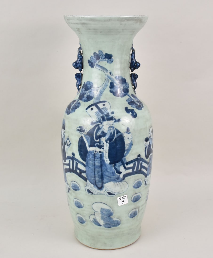 Antique Chinese Celadon Ground Figural Vase, Figures & Landscape Scenes in blue underglaze on a (1 of 7)