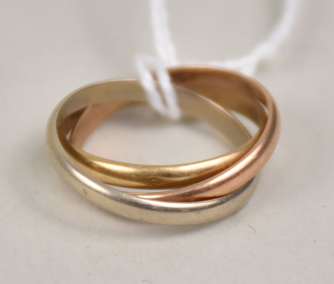 Cartier trinity ring in 18kt Yellow, White, and Rose Gold.  Size 6 each band is 2mm wt. 4.7 grams (1 of 4)
