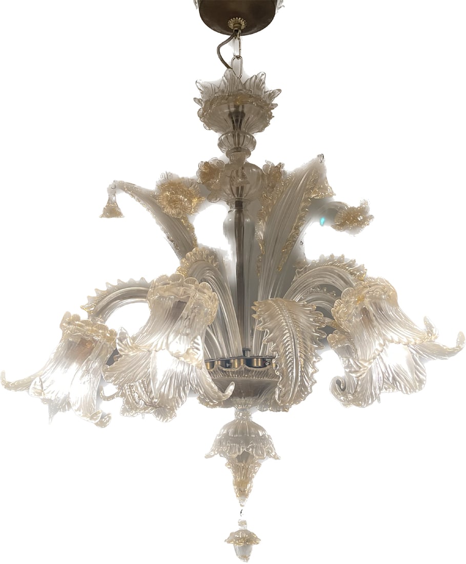 Murano Glass Chandelier, 6 Branch with Plumes, Flowers & Feather Designs, Clear with Gold Fleck, 24H: Murano Glass Chandelier, 6 Branch with Plumes, Flowers & Feather Designs, Clear with Gold Fleck, 24H x 27W