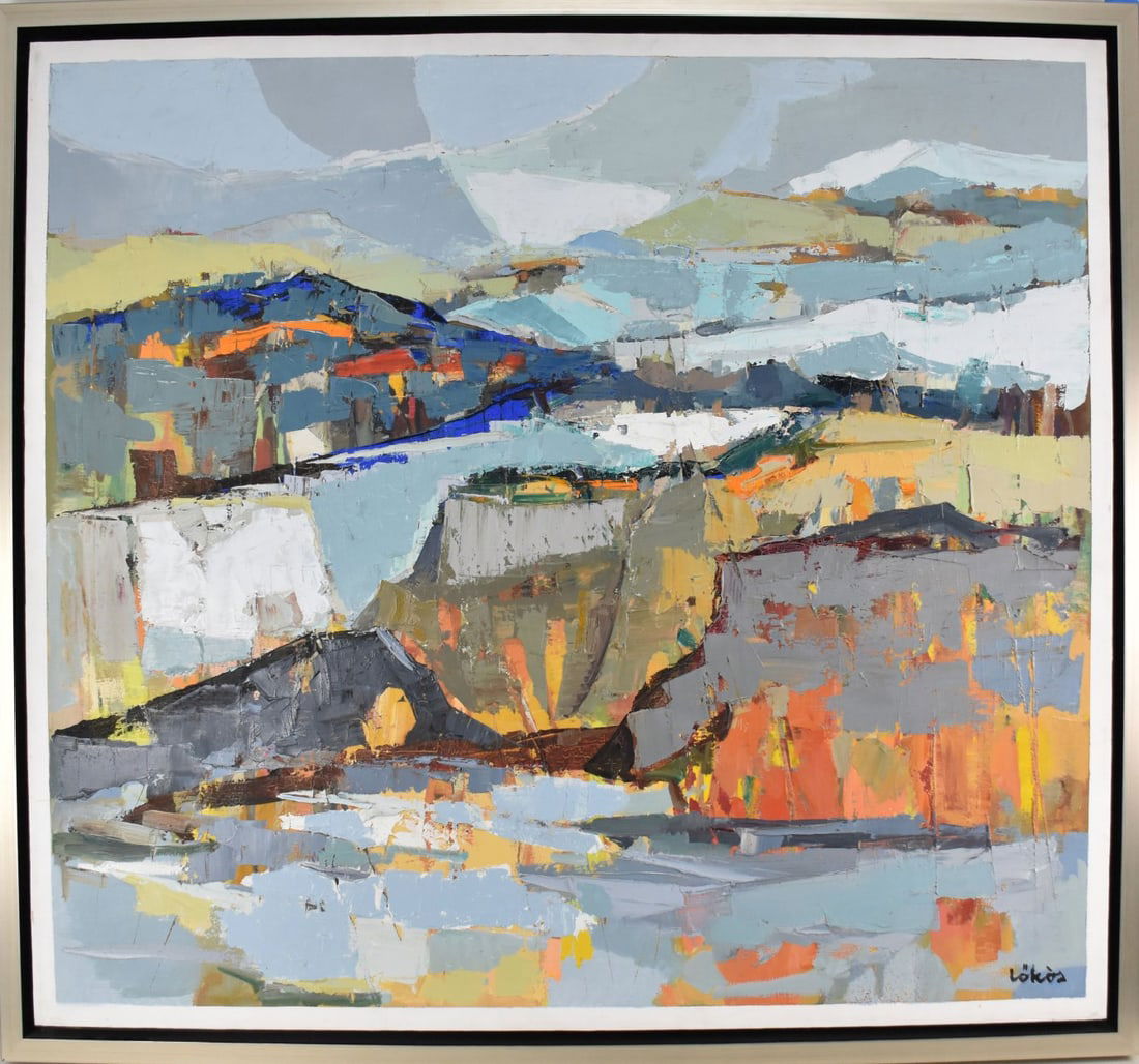 Stefan Lokos (American, Mexico, Hungarian 1913-1994) Oil on Canvas Abstract Painting Signed Lokos (1 of 5)