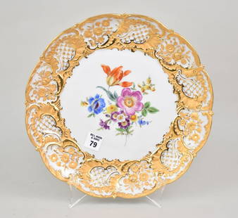 Meissen Platter, Floral Painted Center with Gilded Accents, 11 1/2"dia: Meissen Platter, Floral Painted Center with Gilded Accents, 11 1/2"dia