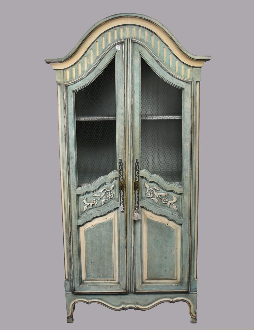 Country French Painted Cabinet, 2 Grid Metal Doors, 81"h x 36"w x 19"d (1 of 6)