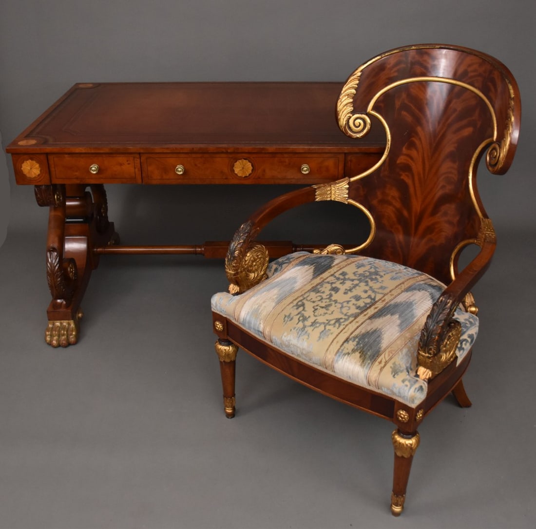 Maitland Smith Desk, (30"H x 60"w x 30"d) Burled Wood with Inlay, Leather Top with Medallions at (1 of 11)