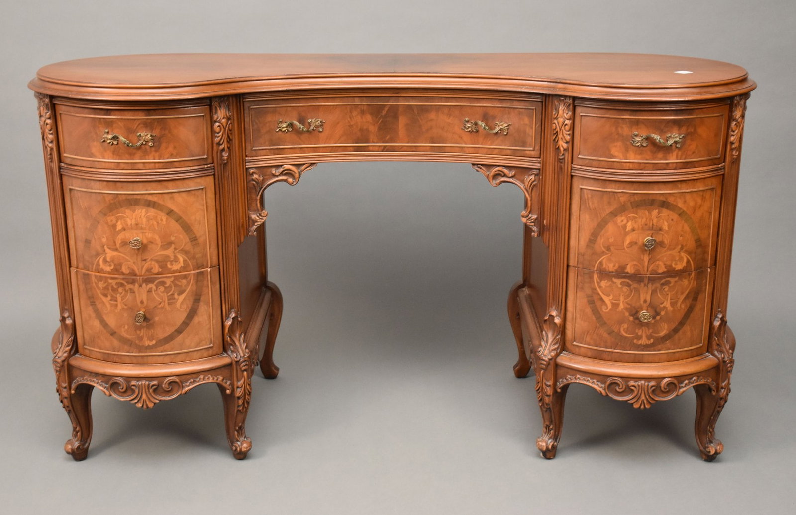 Kidney Shape Desk, Drawer in Middle with 3 Drawers on Each Side, Inlay Designs, 30"h x 54"w x 20"d: Kidney Shape Desk, Drawer in Middle with 3 Drawers on Each Side, Inlay Designs, 30"h x 54"w x 20"d