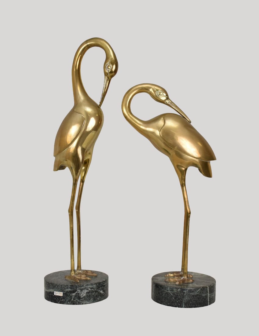 2 Brass Standing Waterfowl Sculptures on Green Marble Bases, 25"h & 21"h on 2"h Bases (1 of 5)