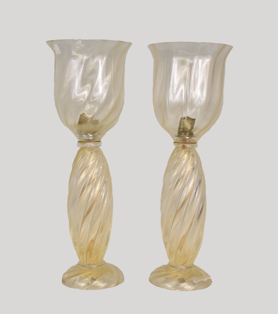 Pair Murano Glass Electrified Hurricane Lamps with Gold Flecks, 23 1/2"h x 8"dia (1 of 5)