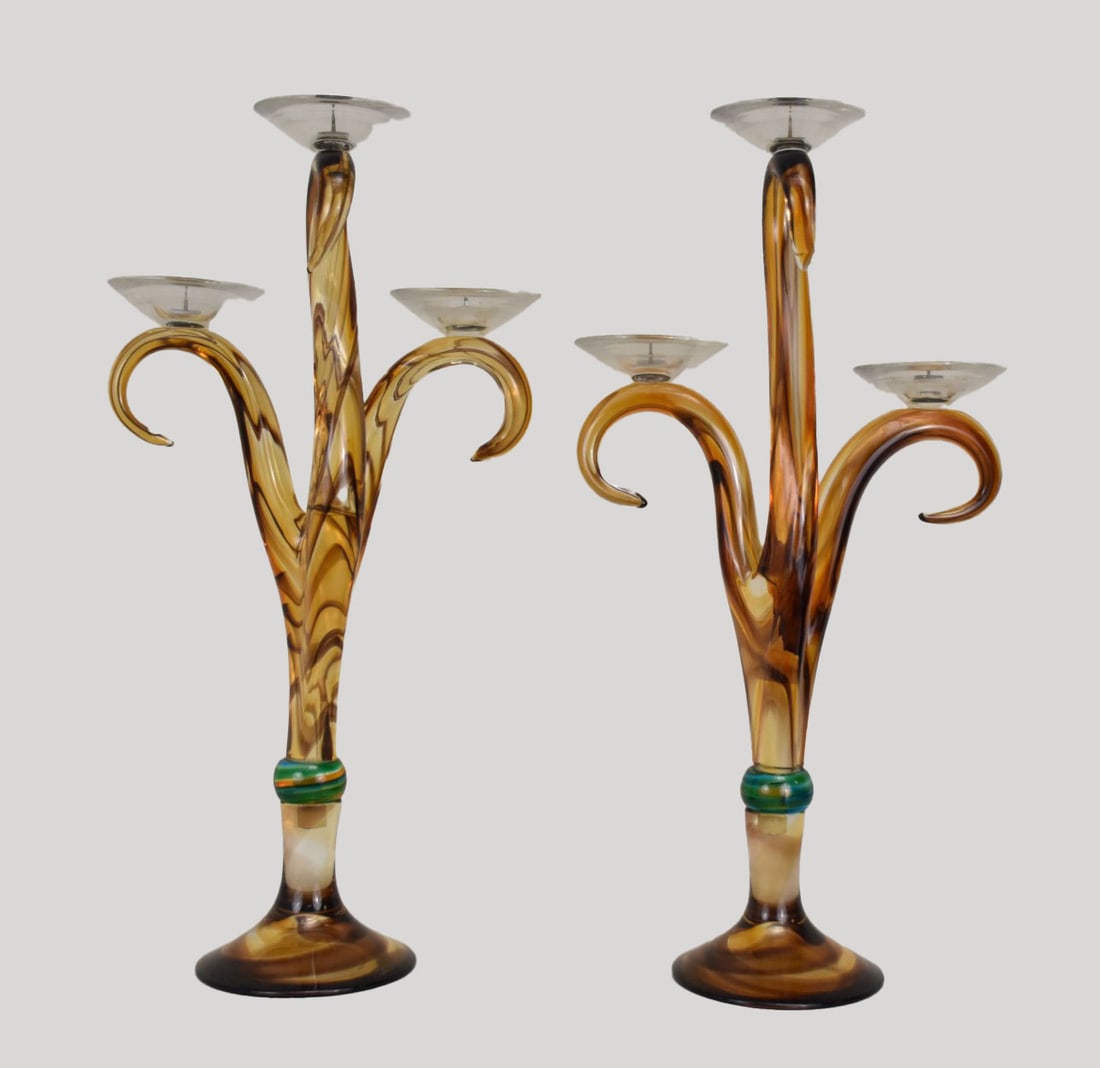 Pair Murano Amber & Swirl Design on 3 Branch Candelabra, Signed, 28"h x 15"w (1 of 6)