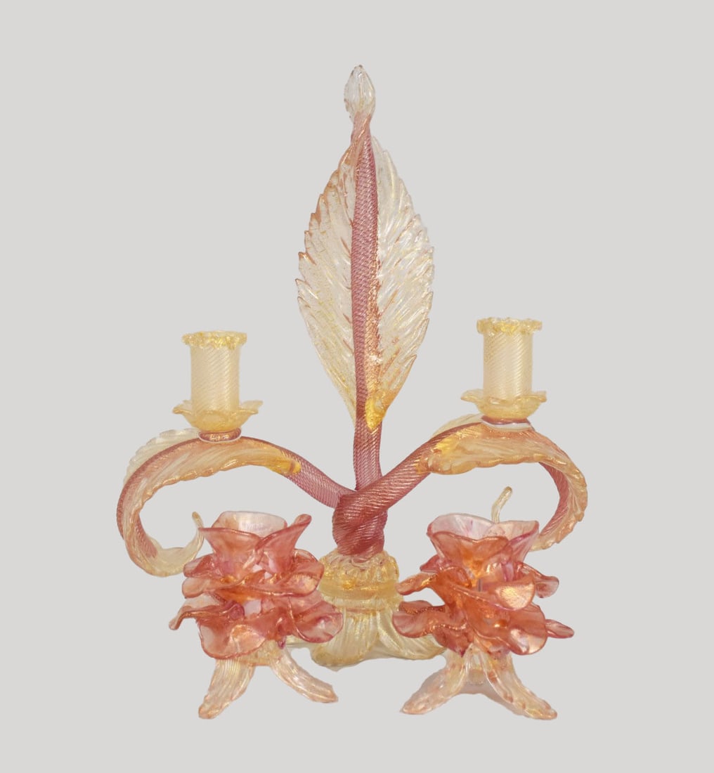 3pc. Murano Glass, Vetri di Murano,Formia, Pink with Gold Flecks, Fancy Double Branch Candelabra (1 of 6)