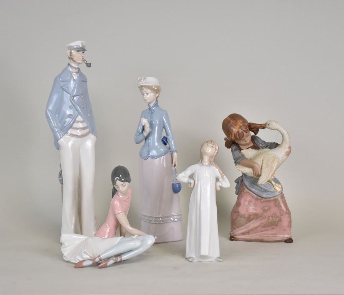5 Assorted Lladro, 4 Glazed Porcelain, 1 matte finish girl with goose, 7"h -15"h: 5 Assorted Lladro, 4 Glazed Porcelain, 1 matte finish girl with goose, 7"h -15"h