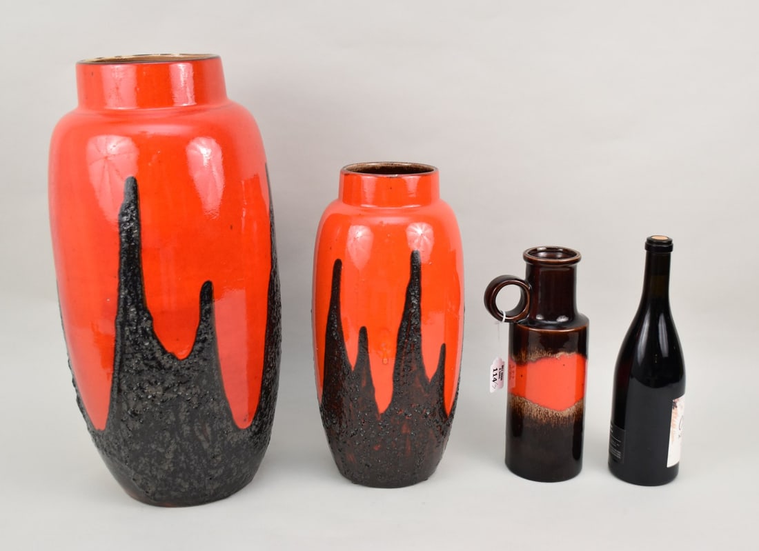 3 Mid-Century Ceramic Vases, Scheurich W. Germany, brown mountain peak design on orange, 11"h, 15"h, (1 of 5)