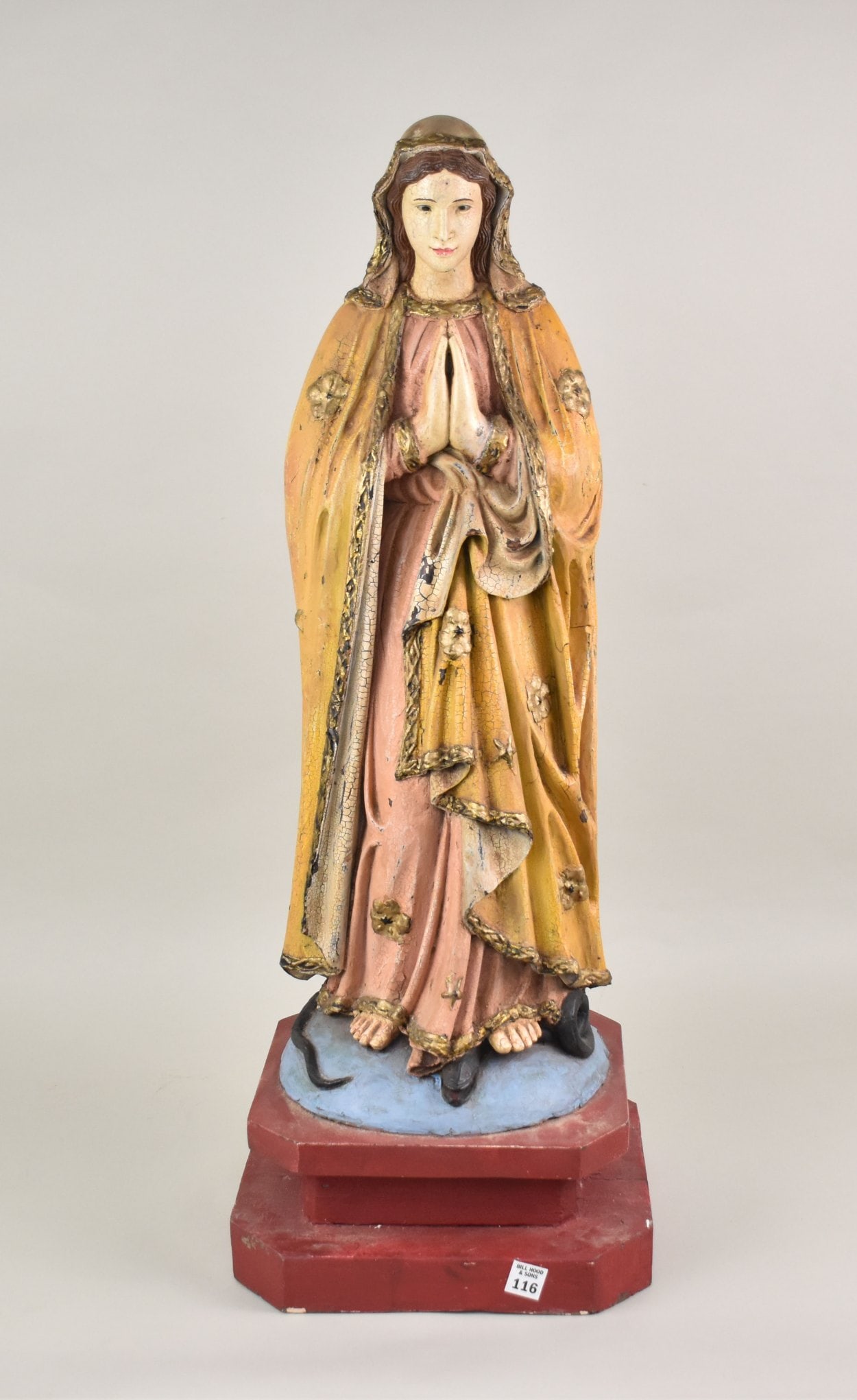Wood Carved "Mary", original paint on platform with snake at her feet, 33"h: Wood Carved "Mary", original paint on platform with snake at her feet, 33"h