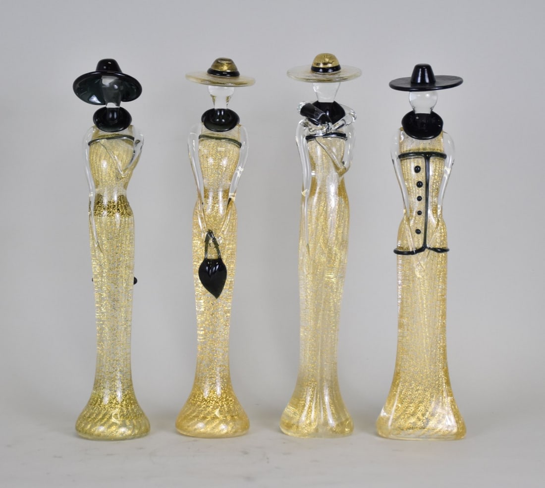 4 Murano Glass Ladies, Clear Glass with Gold Flecks and Black Accents, 14"h (1 of 5)