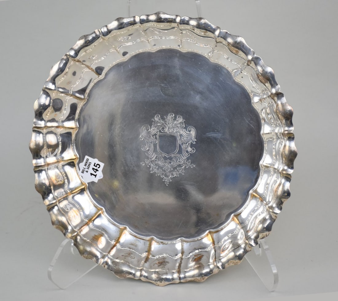 Gorham Sterling Bowl, Engraved Crest Motif in Center with Scalloped Rim, 1 5/8"h x 12 1/2"dia, (1 of 4)