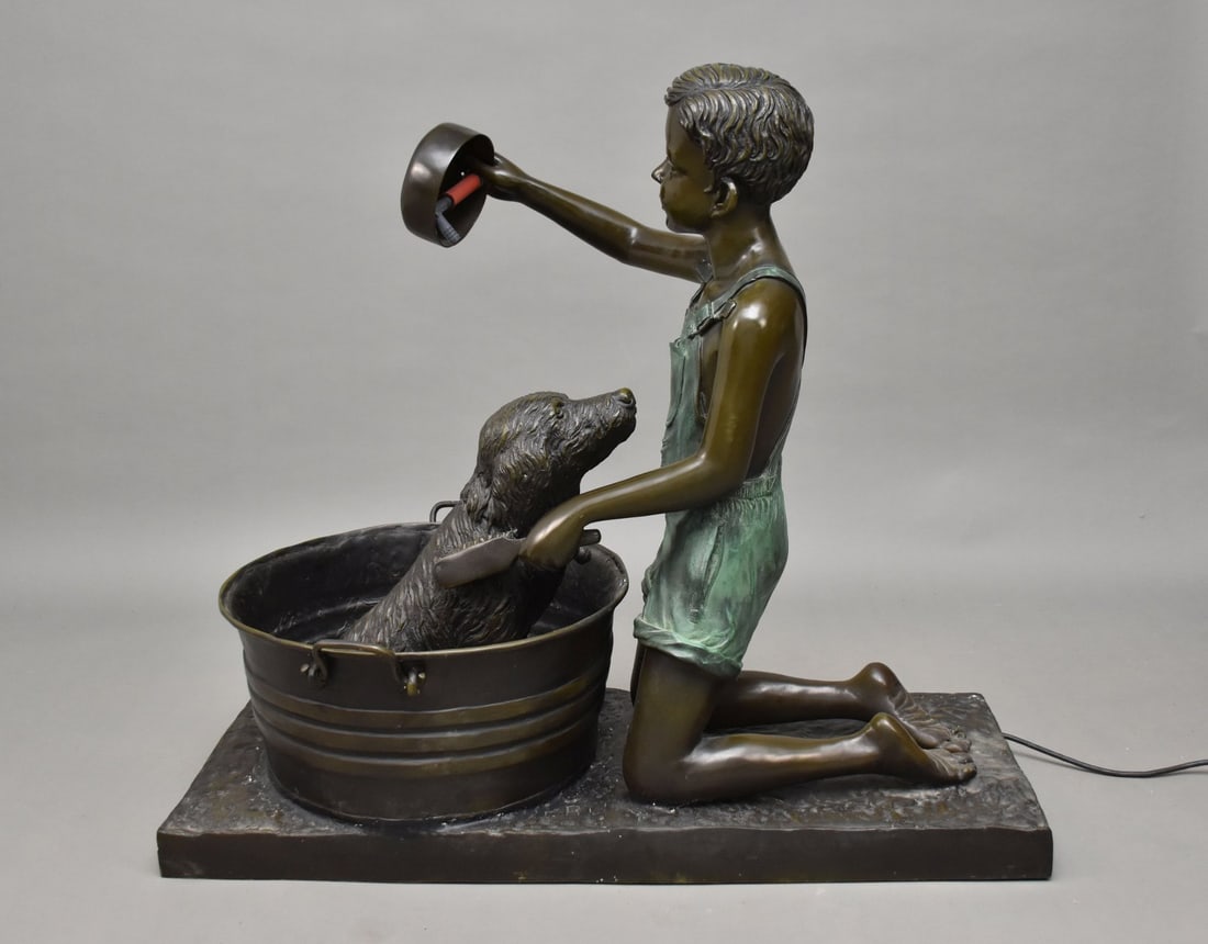 Bronze Fountain, Kneeling Young Boy Washing His Dog in a Bucket, 40"h x 43"w x 18"d (1 of 9)