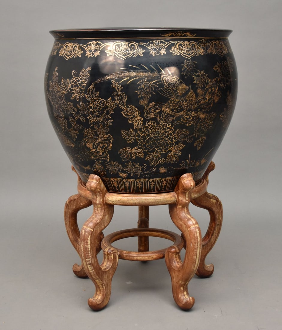 Chinese Fish Bowl, Gold Accents on Black Ground, 31"H x 20"w (Has Stand): Chinese Fish Bowl, Gold Accents on Black Ground, 31"H x 20"w (Has Stand)