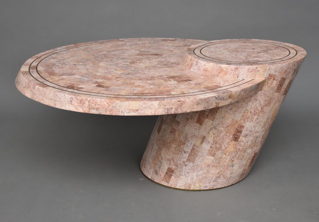 Maitland Smith Rose Marble Round Coffee Table, double row of brass inlay, 17"h x 37 1/2"dia. (1 of 6)