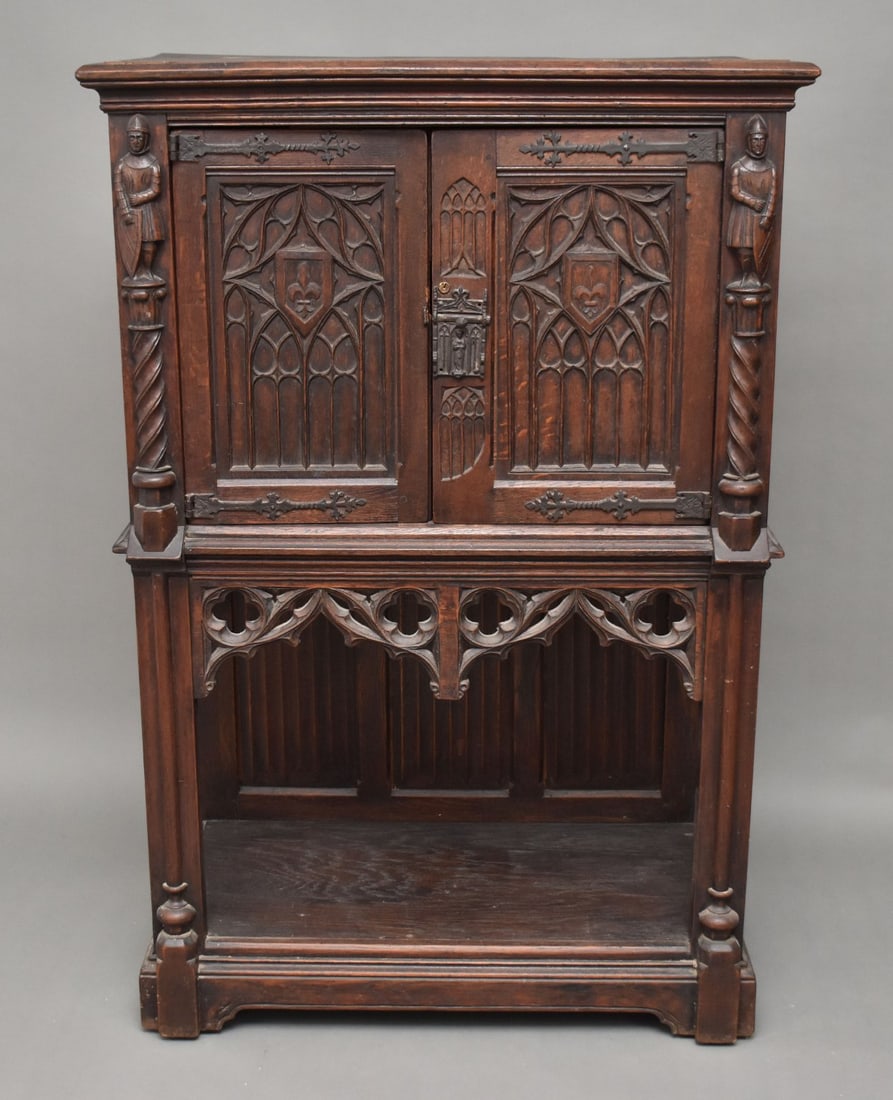Heavily Carved Walnut Court Cupboard, 2 Doors over Carved Frieze with Lower Shelf, Label Hecht, 57"h (1 of 11)