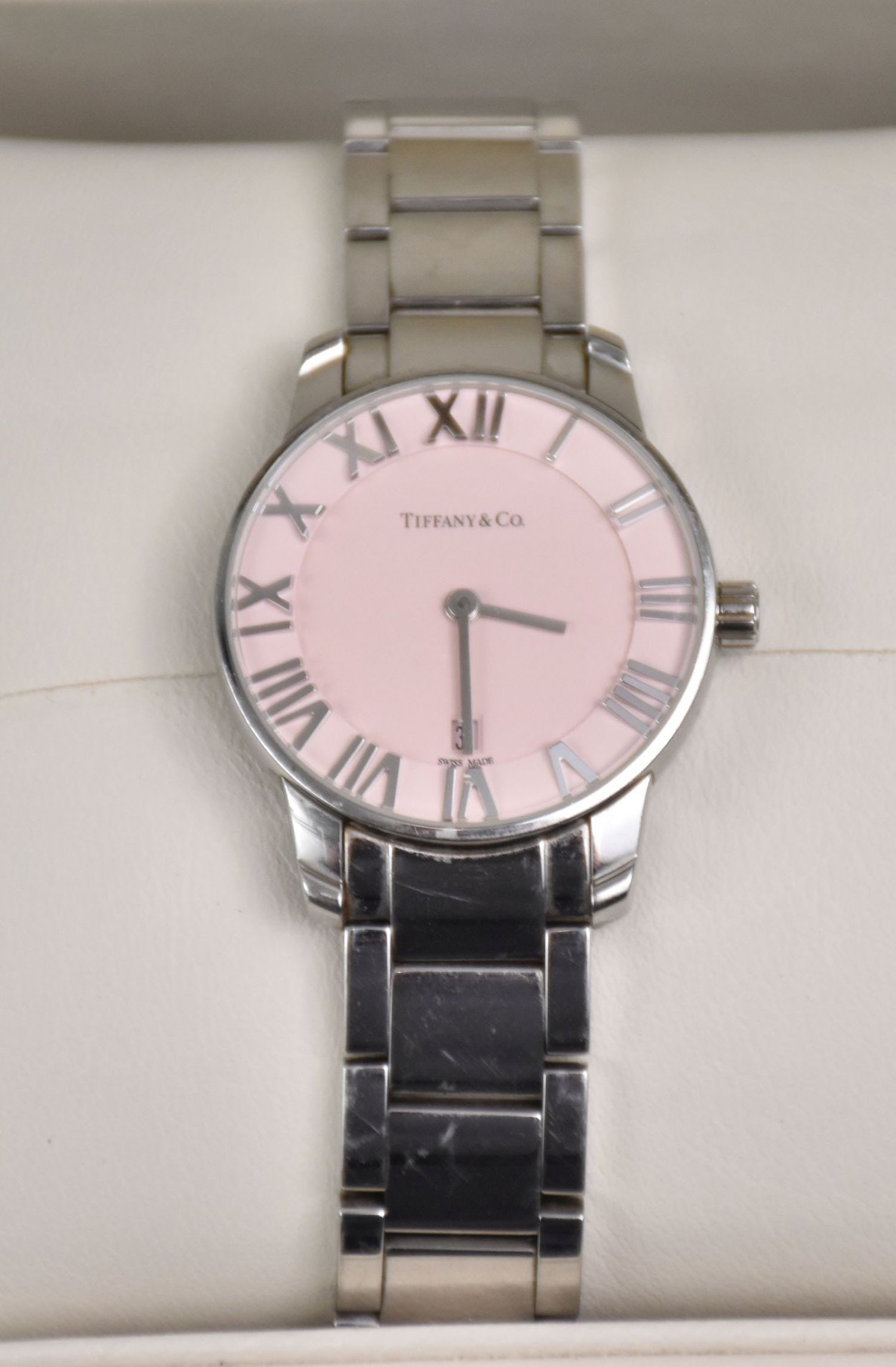 TIFFANY & CO. ATLAS 29MM PINK DIAL 2-HAND WATCH. With papers and box need battery (1 of 9)