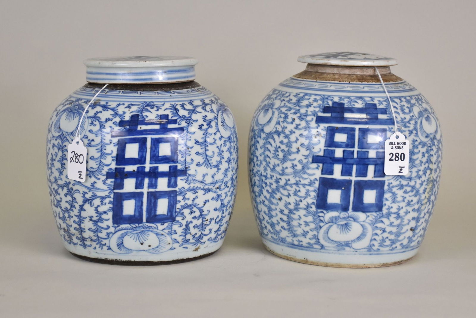 Two Antique Chinese Blue & White Porcelain 'Double Happiness' Ginger Jars - A pair of lidded ginger (1 of 8)