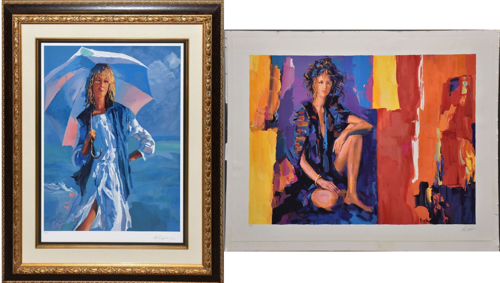 2 Simbari Lithographs: Lady w/ umbrella pencil signed lower right numbered 36/150.  Lady in colorful (1 of 12)