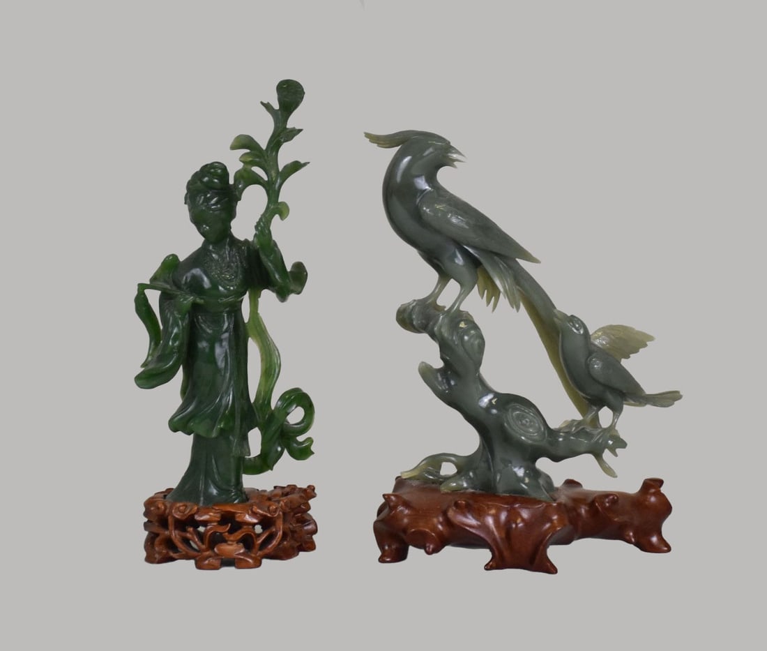 Two Chinese Carved Jade Sculptures Guanyin & Birds - A) Guanyin figure, dark green spinach jade, (1 of 5)