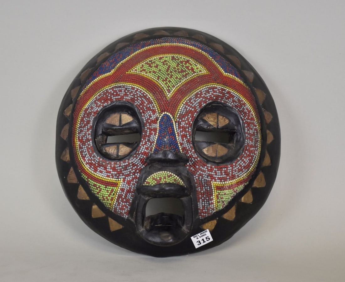 African Baluba Beaded Round Mask, 12"dia (1 of 4)