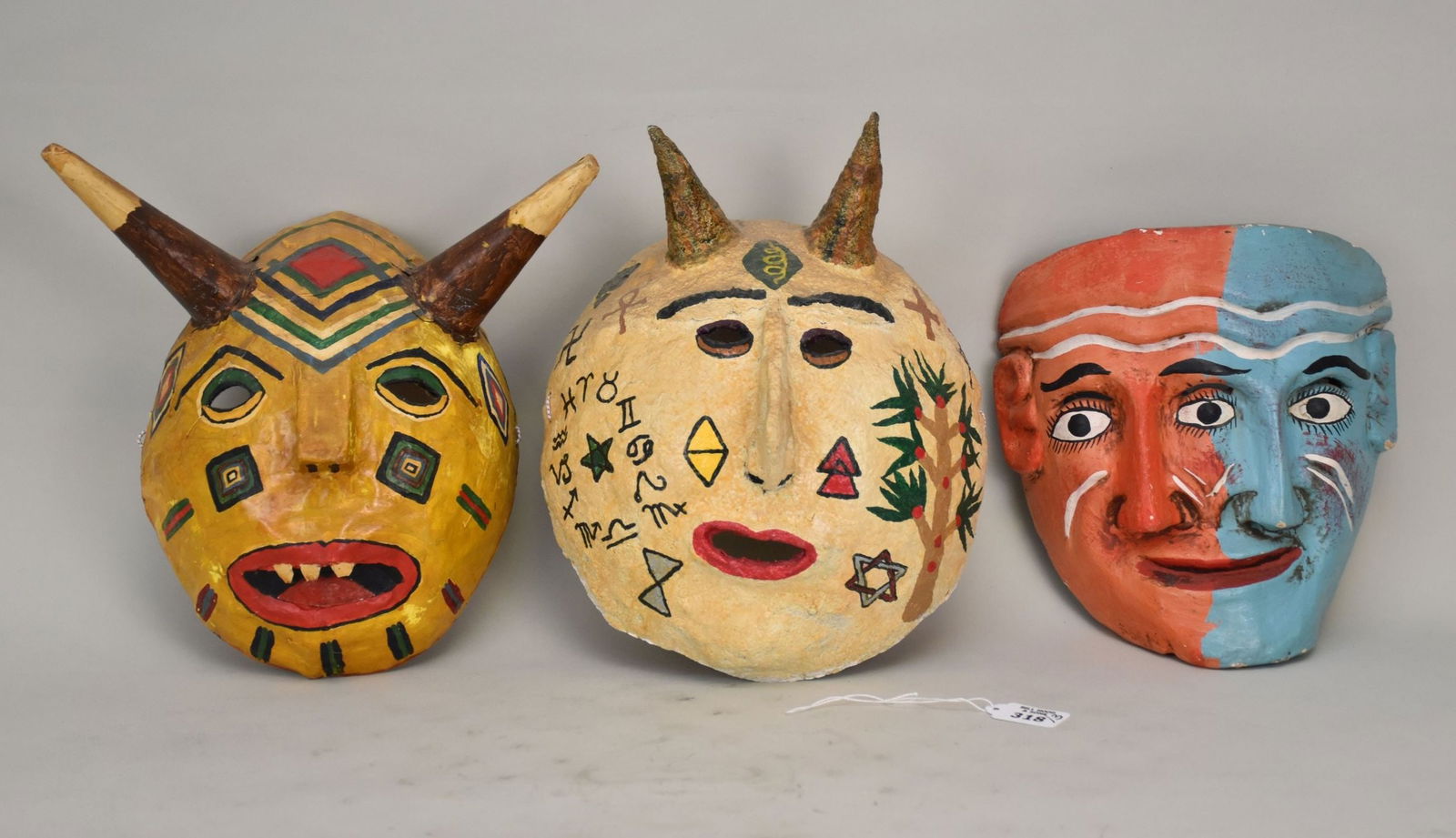3 Folk Art Paper Mache Multi Color Masks, approx. 10" x 10" each (1 of 5)