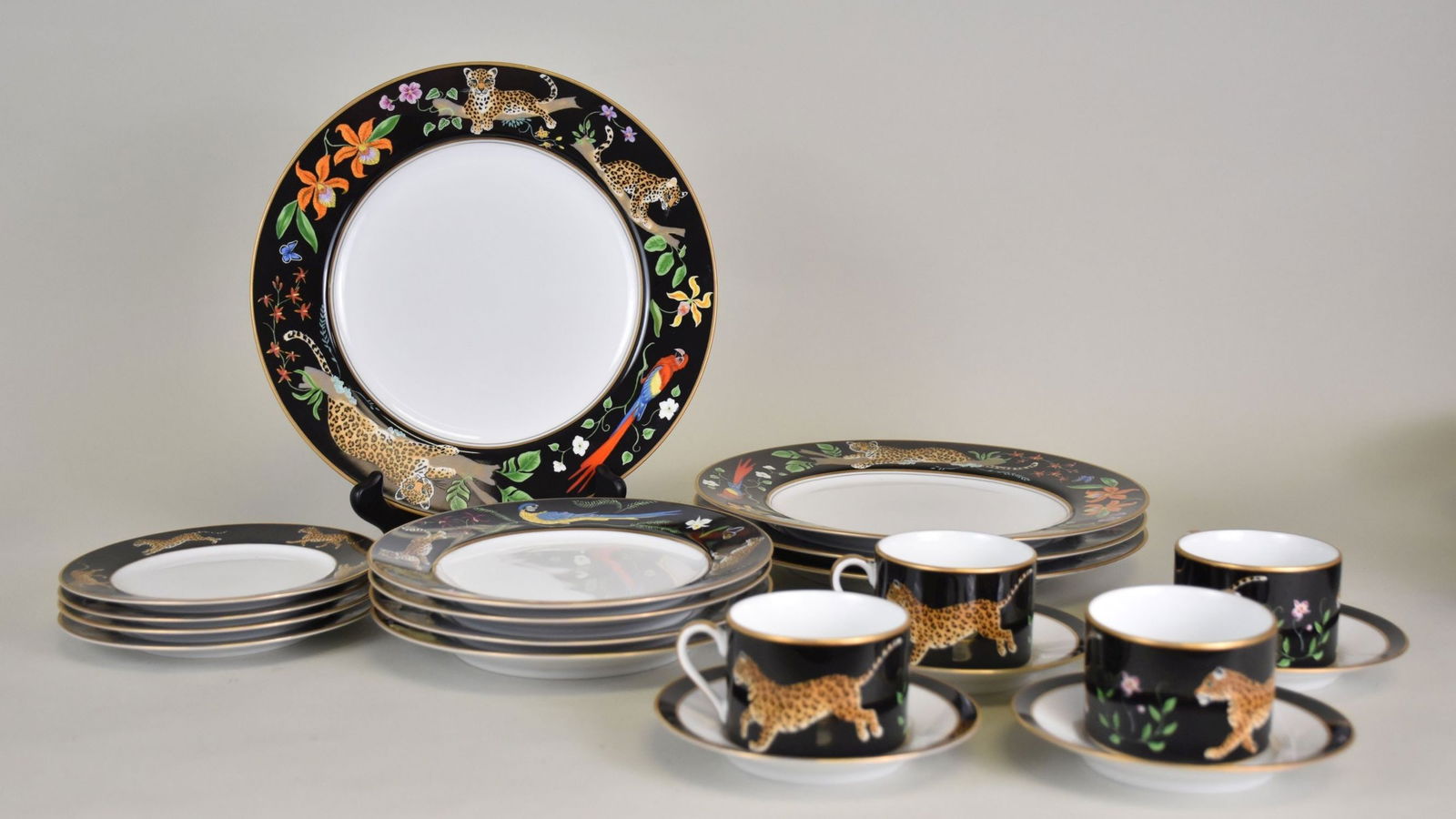 20 Pc. Lynn Chase China pcs, Jaguar Jungle, incl; 4 Dinner Plates (11"dia), 4 Plates (8"dia) (1 of 8)